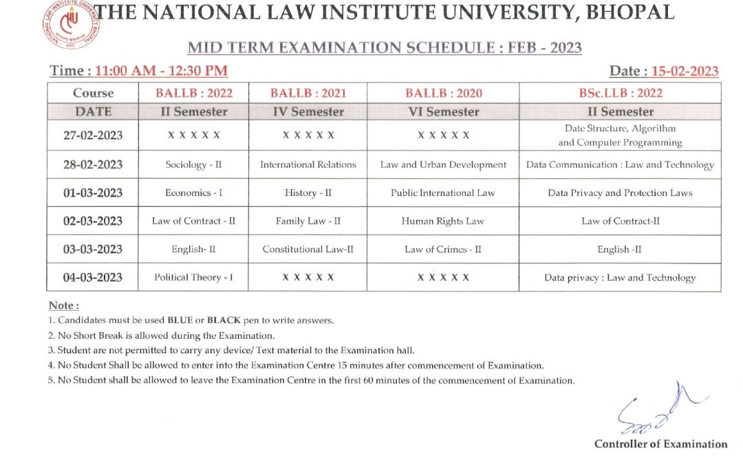 Examination Schedule – Mid term -BALLB-LLM-MCLIS-Jan to May 2023 | The